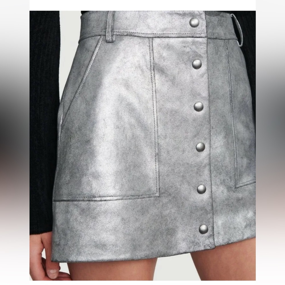 NWT FRAME Silver Leather Button Front Skirt.